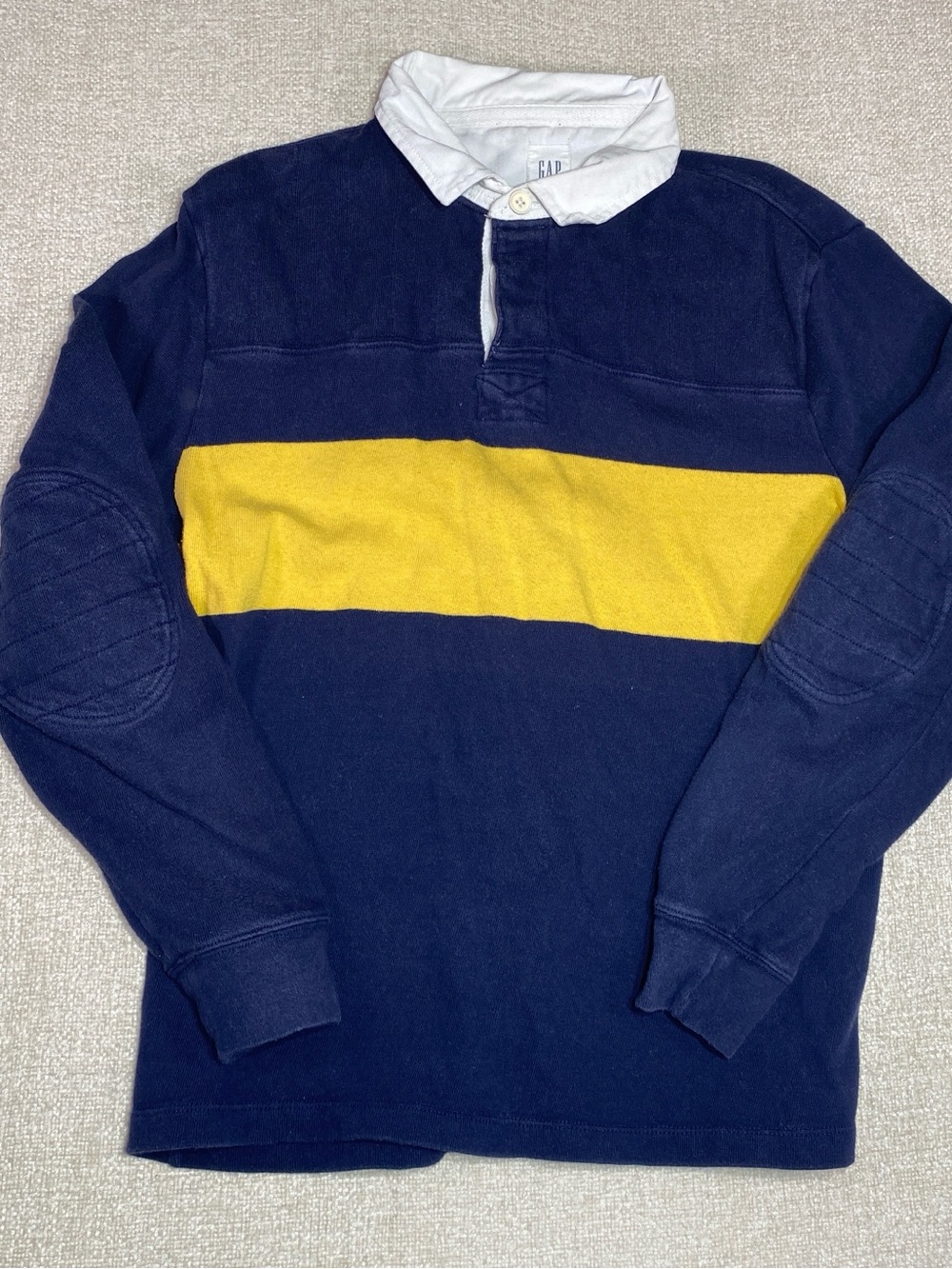 Gap Rugby Shirt Striped Elbow Patch Long Sleeve Mens S Navy Yellow Preppy